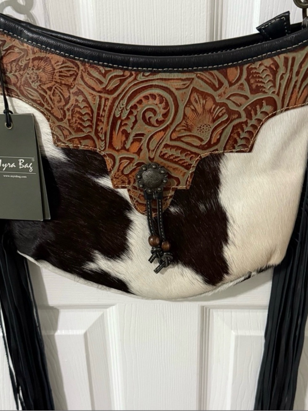 Brown & White Tooled Leather Fringe Shoulder Bag